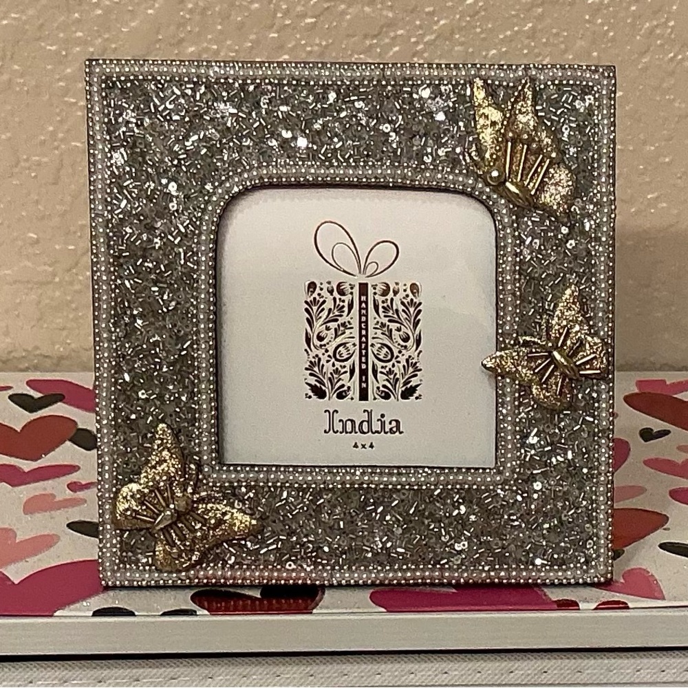 Glittering Silver & Gold Beaded Butterfly Frame. New. Made in India